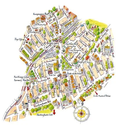 Stylized map of Parsons Green Village showing roads, landmarks, and green spaces